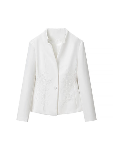 Elegant Floral Embroidered Stand Collar Blazer