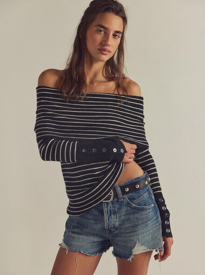 Striped Off Shoulder Ribbed Sweater