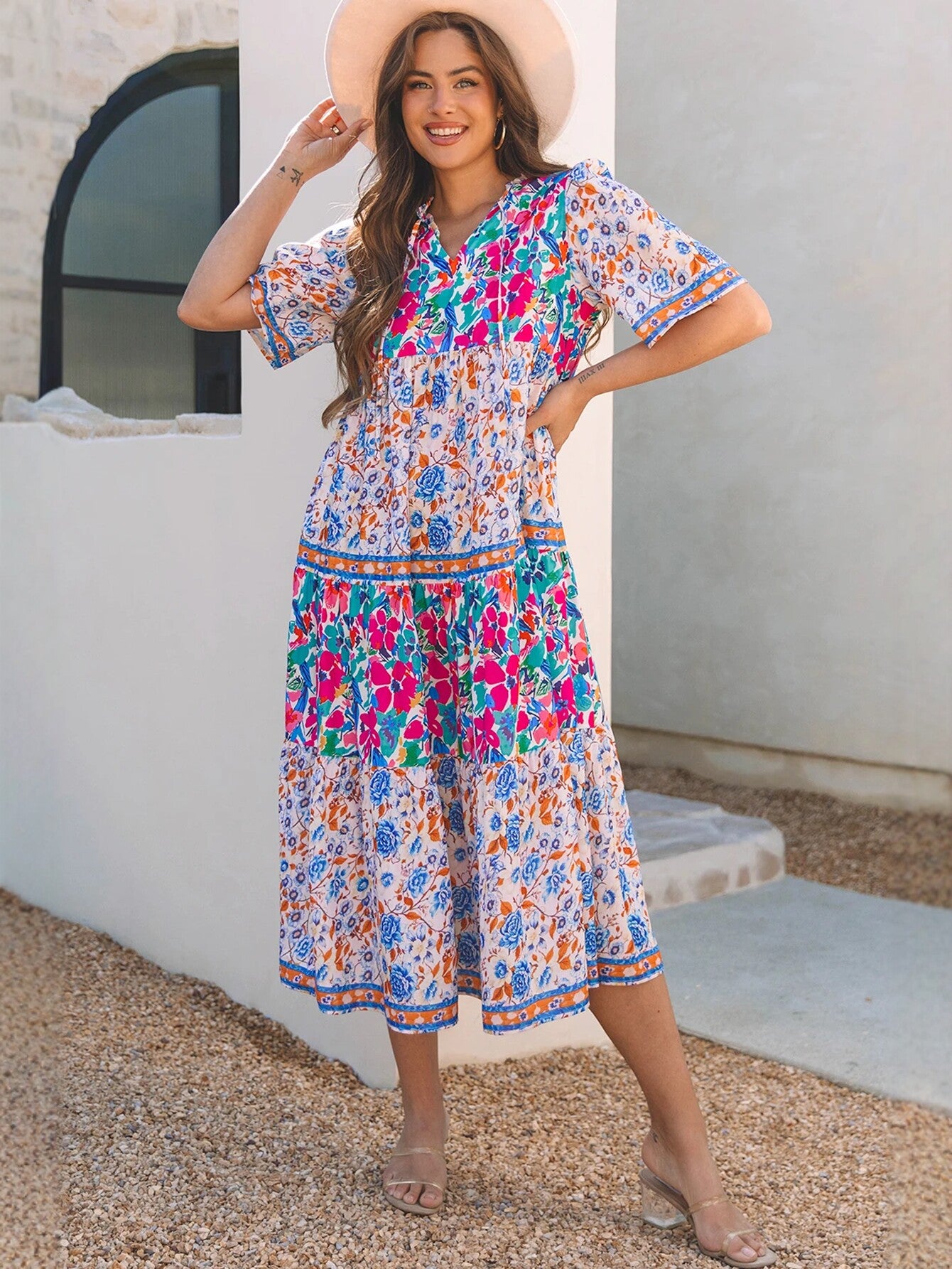 Floral Print V Neck Midi Dress