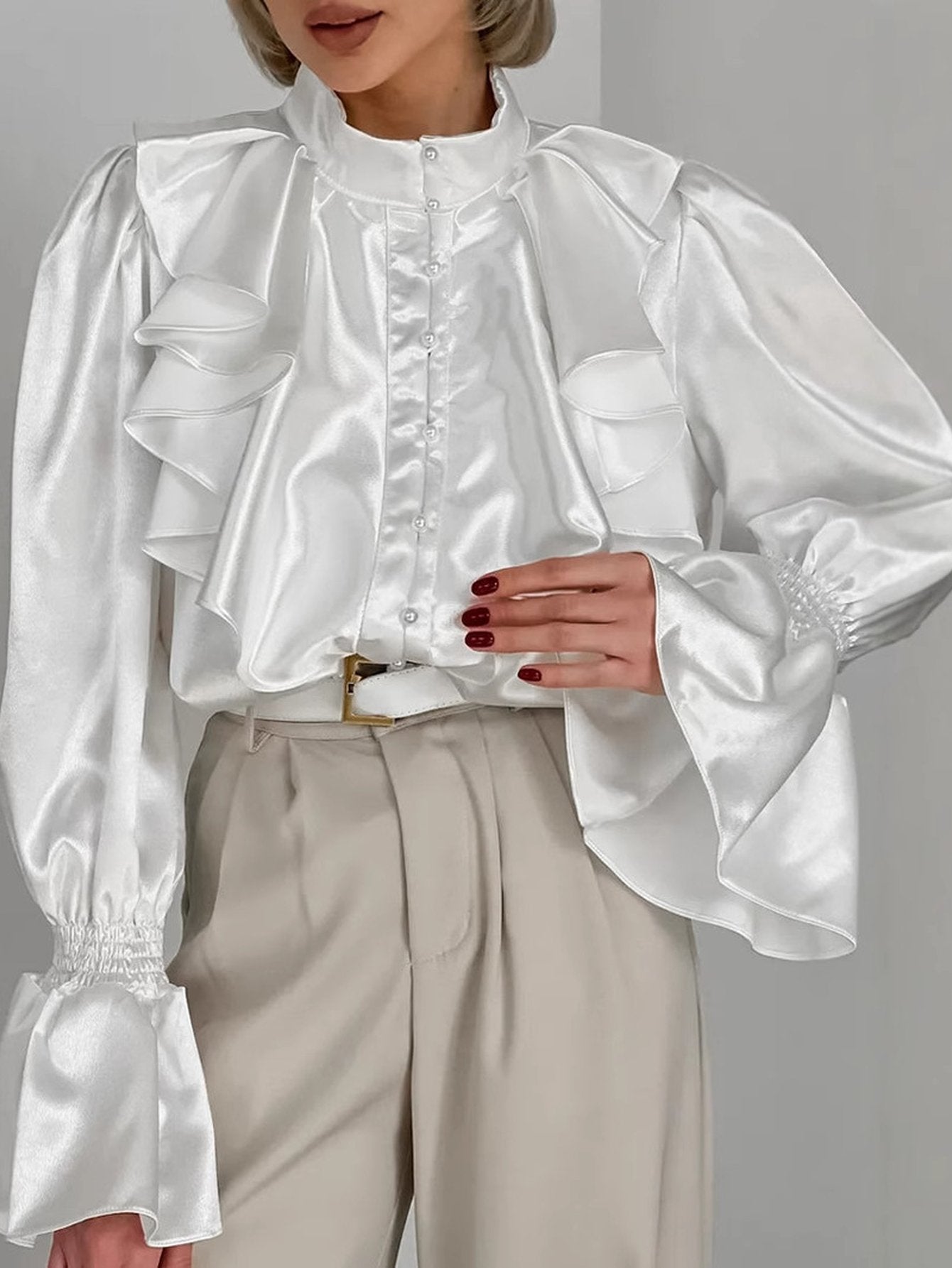 Ruffled Satin Button Down Blouse