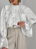 Ruffled Satin Button Down Blouse