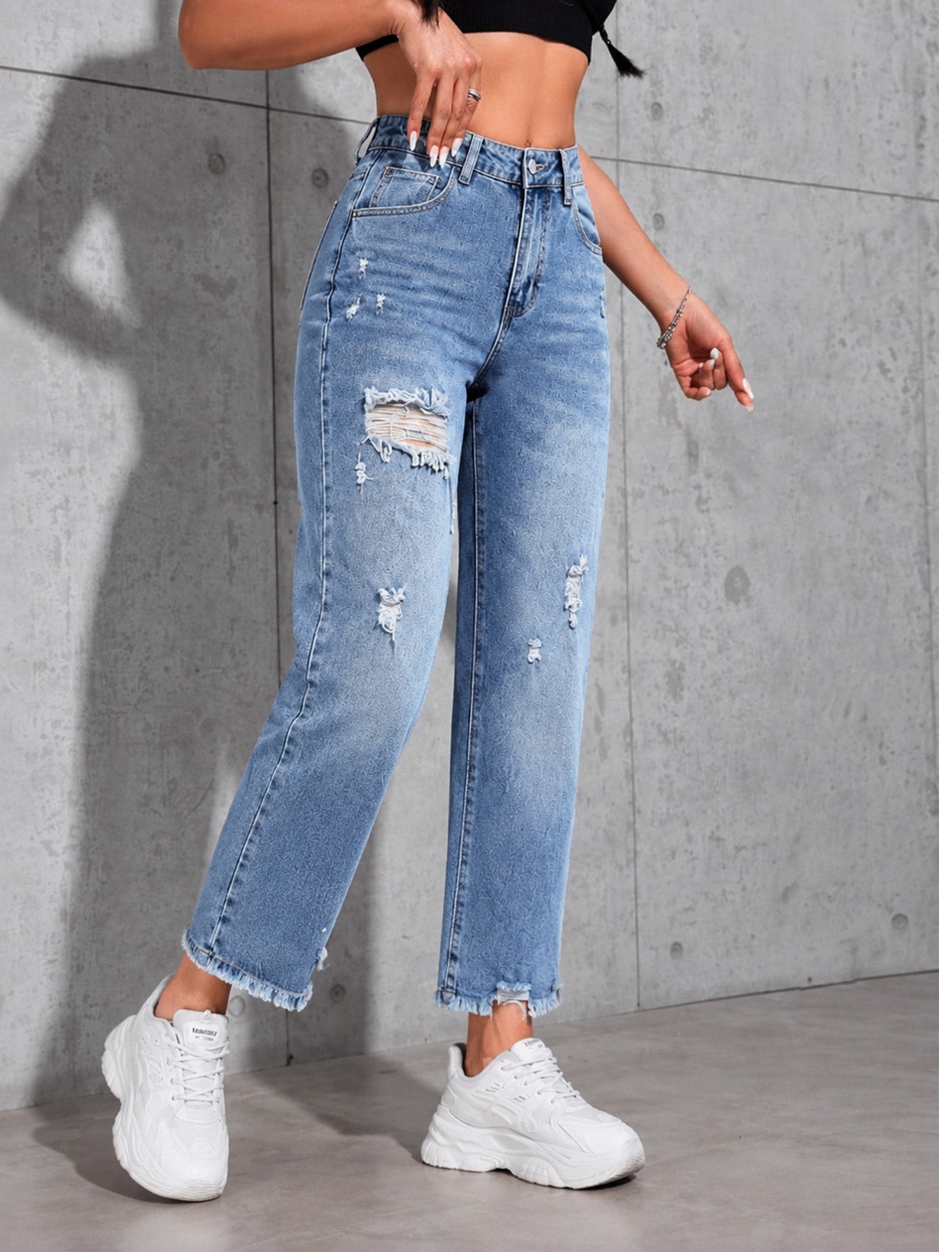 Distressed High Waisted Straight Jeans