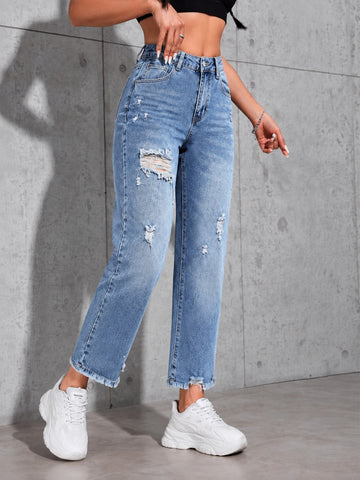 Distressed High Waisted Straight Jeans