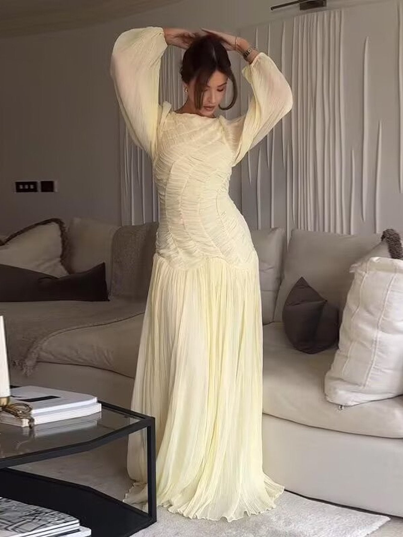 Ruched Chiffon Long Sleeve Dress