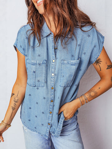 Star Print Button Down Denim Shirt