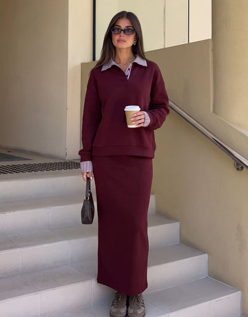 Cozy Collared Sweatshirt Maxi Skirt Set