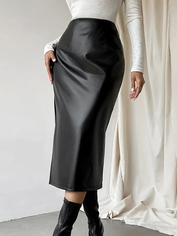 High Slit Faux Leather Midi Skirt