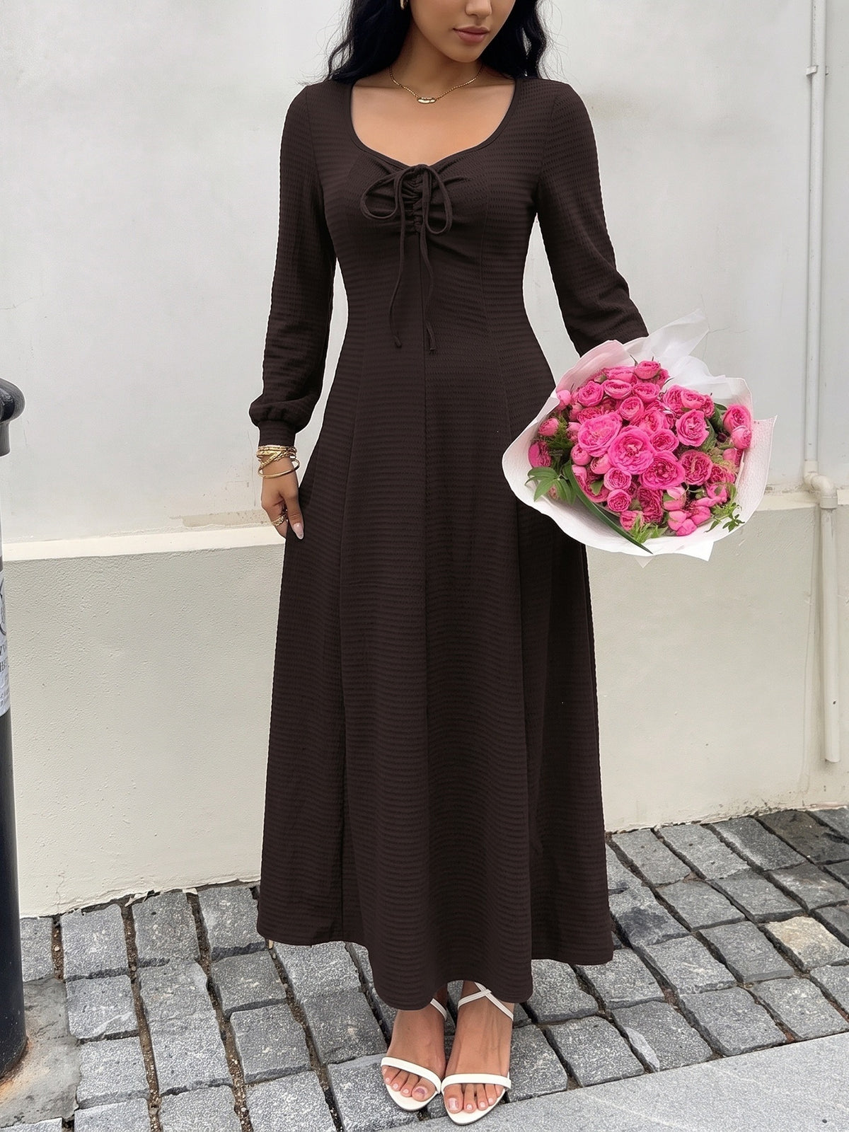 Textured Lace Up Maxi Dress