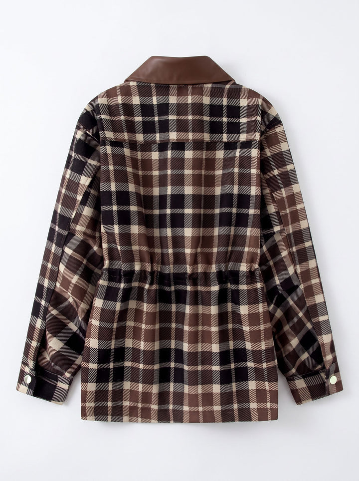 Plaid Faux Leather Collar Utility Jacket