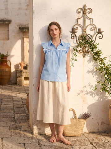 Wave Embroidery Ruffle Sleeve Blouse