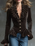 Ruffled Velvet Button Down Shirt