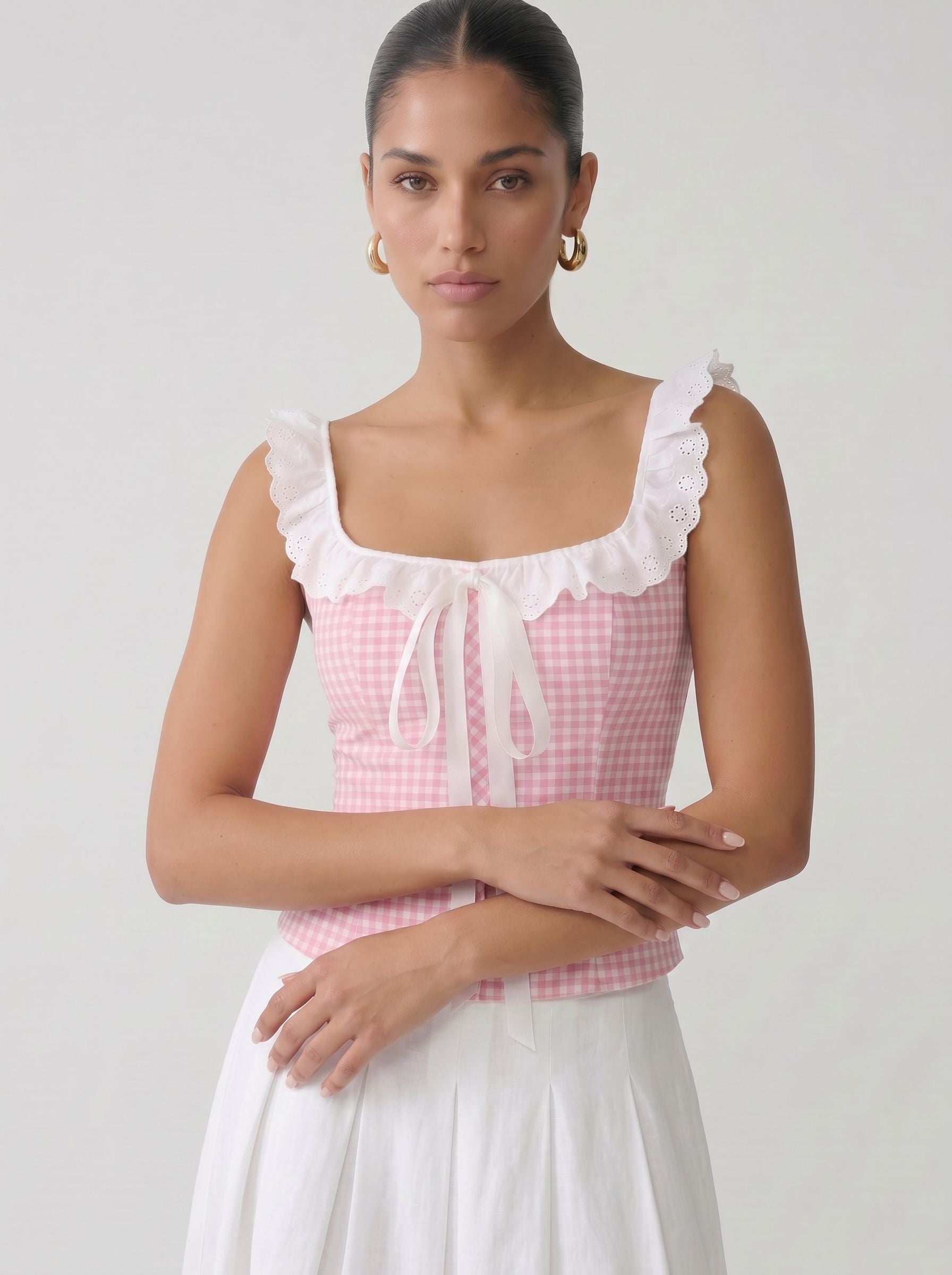 Gingham Eyelet Ruffle Trim Top