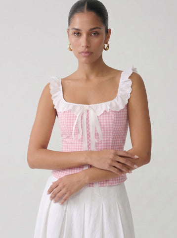 Gingham Eyelet Ruffle Trim Top