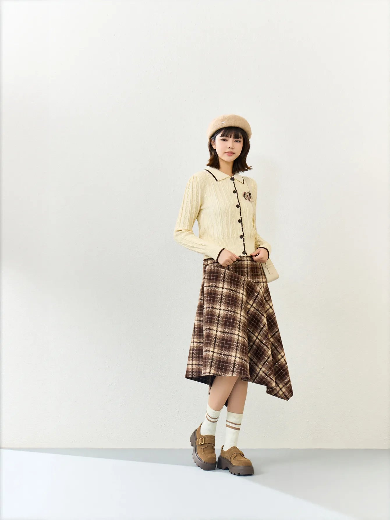 High Waisted Plaid Asymmetric Midi Skirt