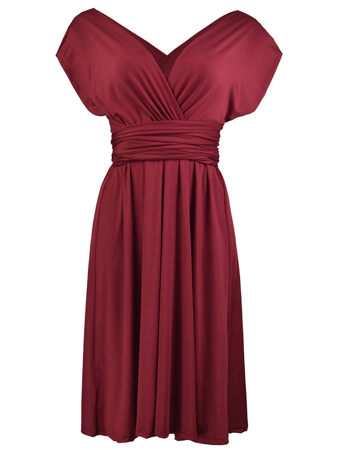Deep V-Neck Pleated Cinched-Waist Elegant Midi Dress-Burgundy