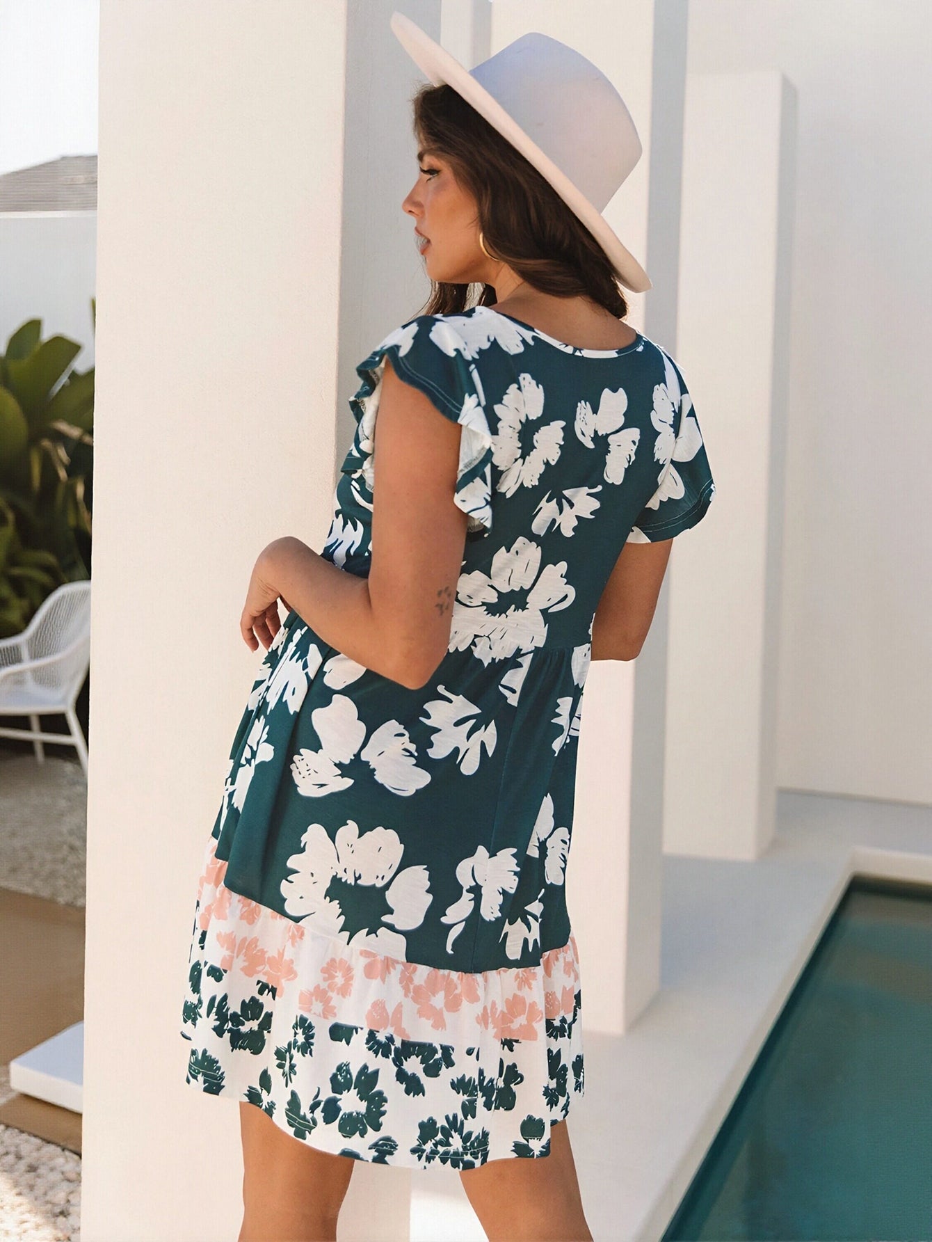 Floral Flutter Sleeve Tiered Dress