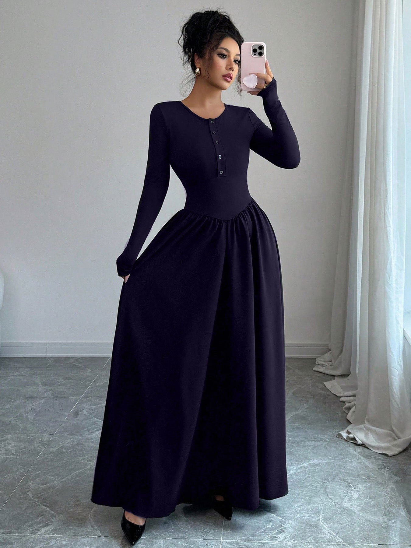 Long Sleeve Button Front Maxi Dress