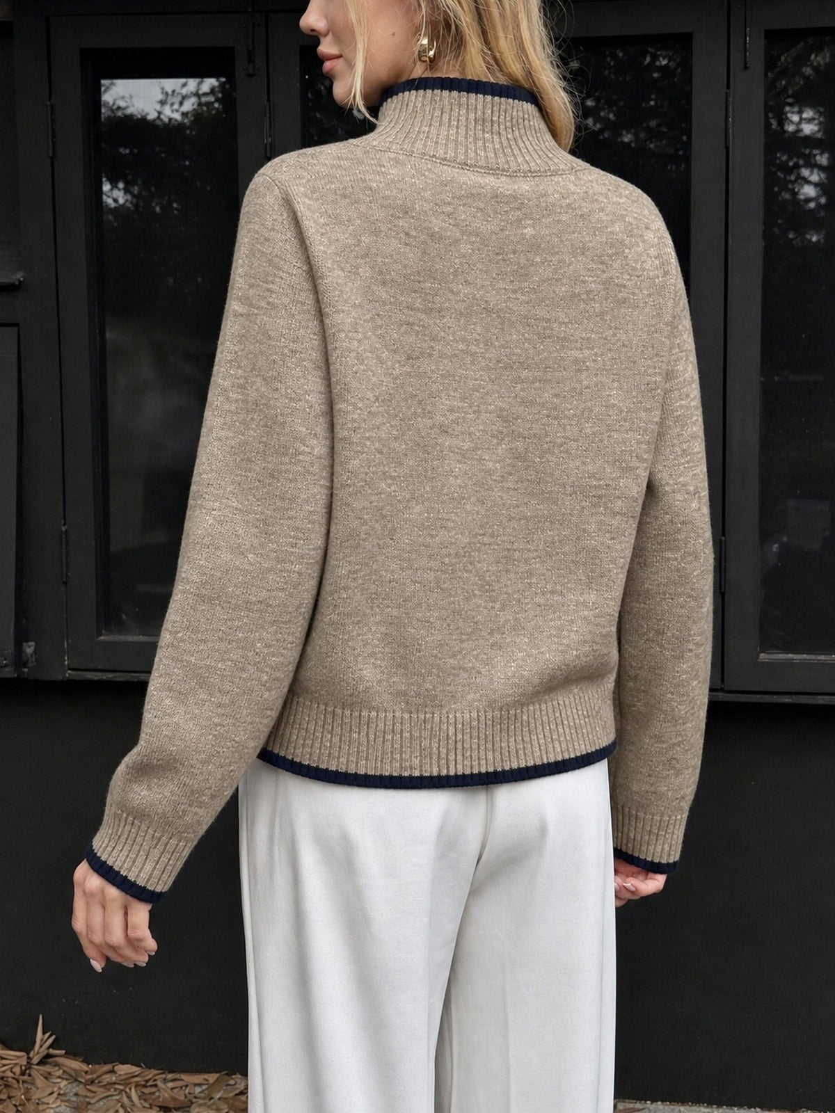 Cozy Contrast Trim Mock Neck Sweater