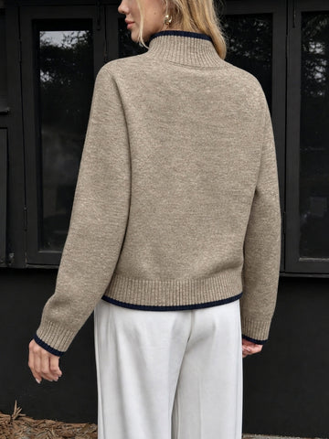 Cozy Contrast Trim Mock Neck Sweater