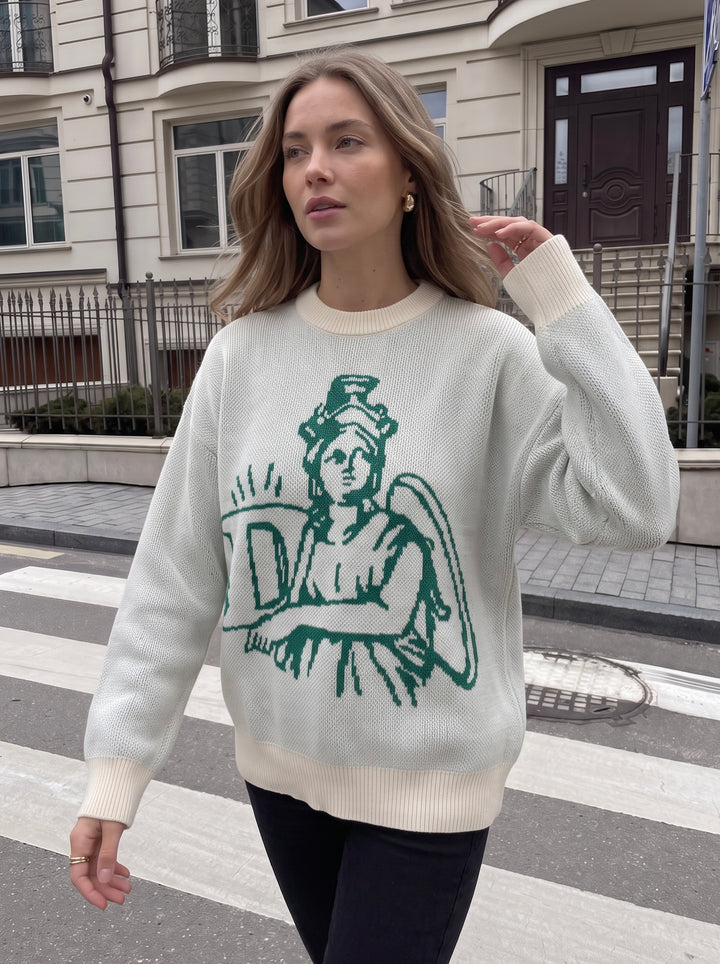 Oversized Graphic Print Crewneck Knit Sweater