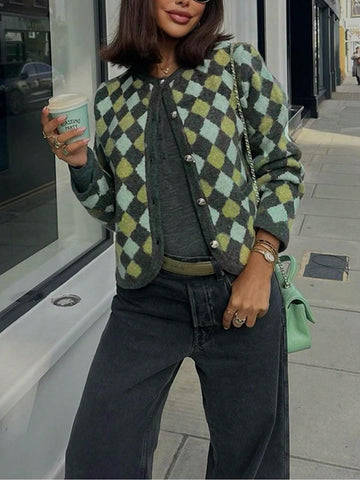 Cozy Argyle Pattern Knit Cardigan