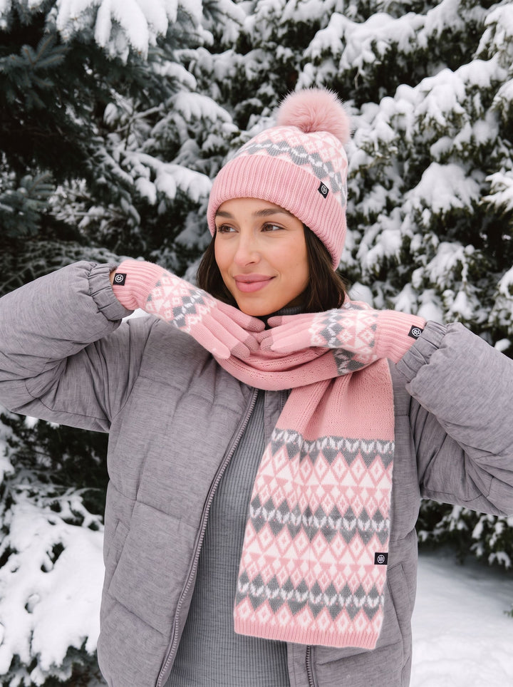 Cozy Fair Isle Pom Beanie Hat 3‑Piece Set