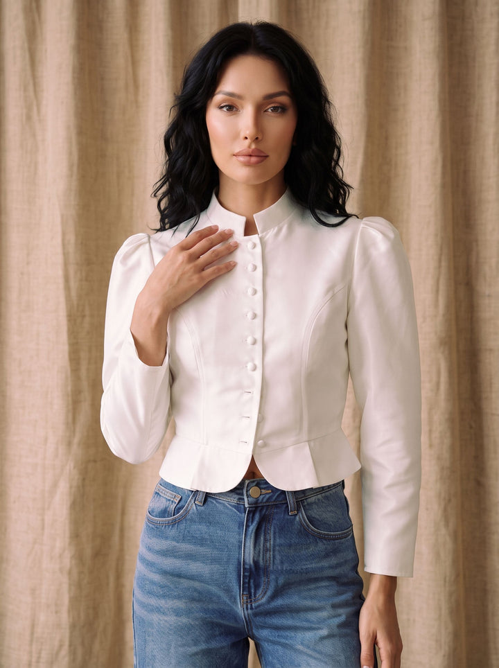 Puff Sleeve Fitted Button Down Shirt