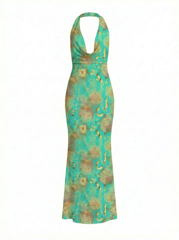 Floral Print Cowl Neck Bodycon Maxi Dress
