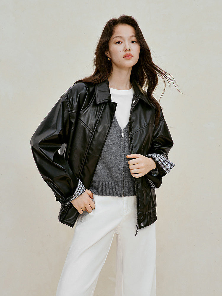 Glossy Faux Leather Bomber Jacket
