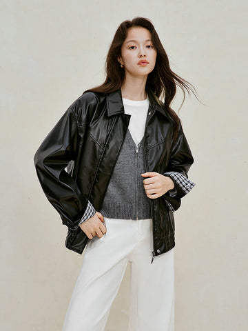 Glossy Faux Leather Bomber Jacket