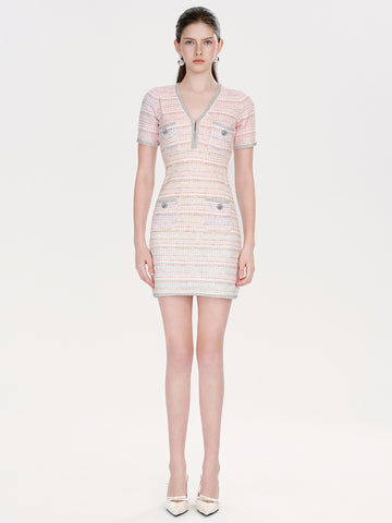 Elegant Tweed V Neck Mini Dress