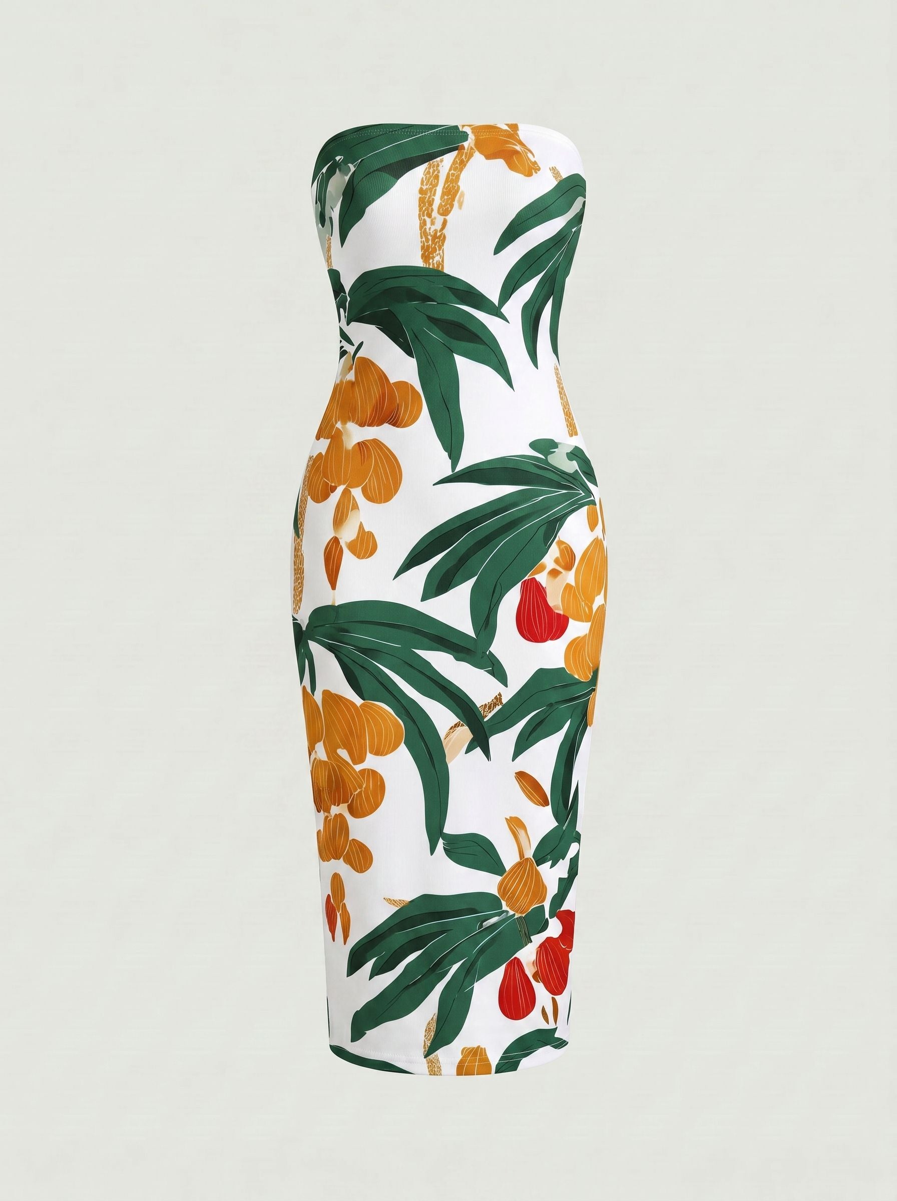 MAIA Floral Print Strapless Sheath Midi Dress