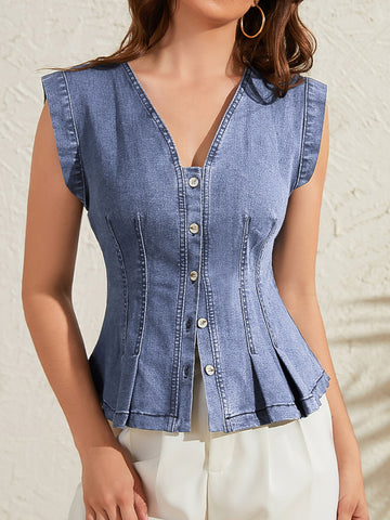 V Neck Fitted Peplum Denim Vest