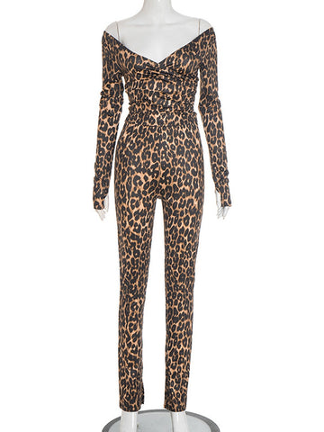 Sexy Leopard Off Shoulder Pants Set