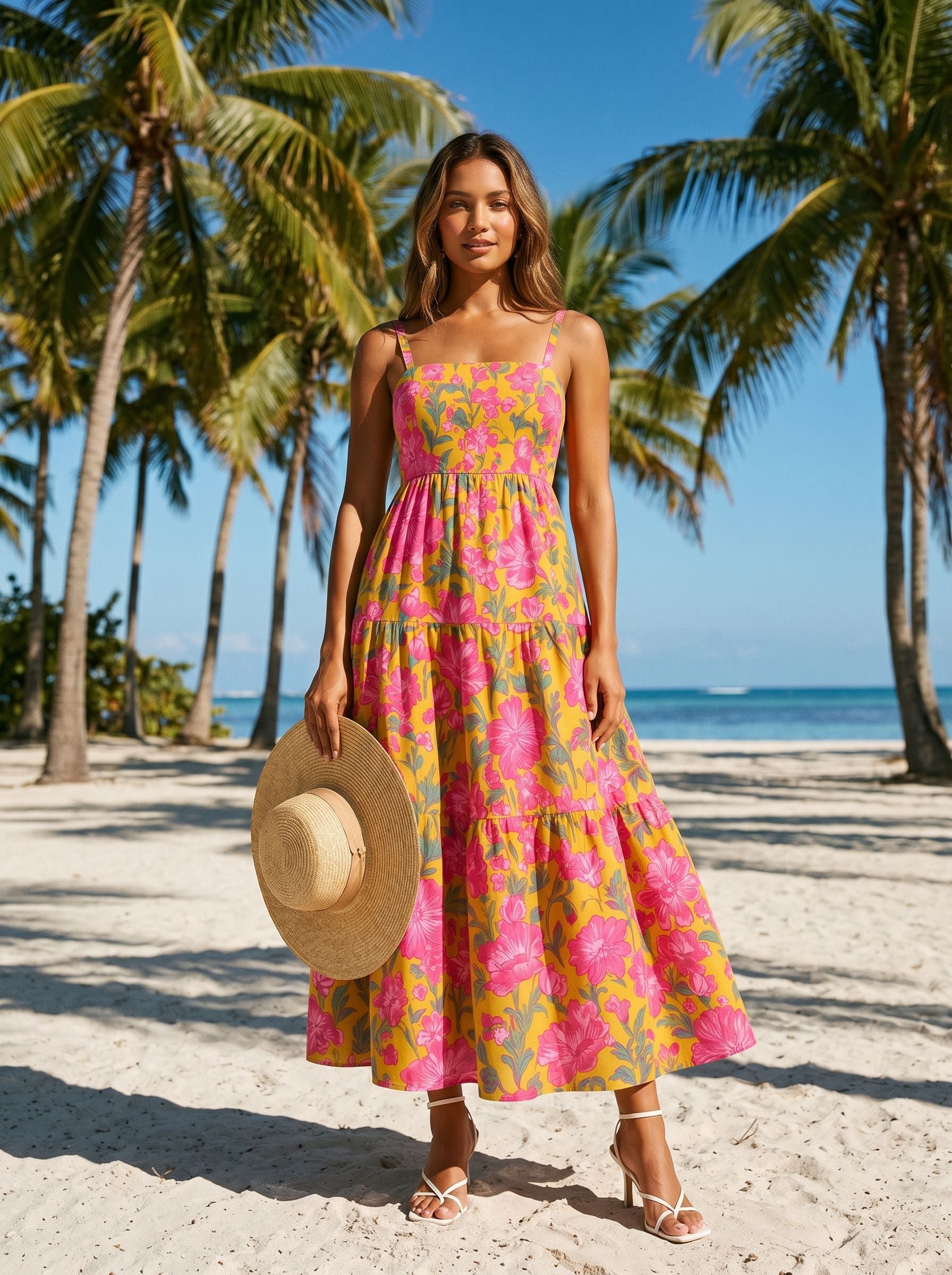 FLORA Floral Print Tiered Strap Midi Dress