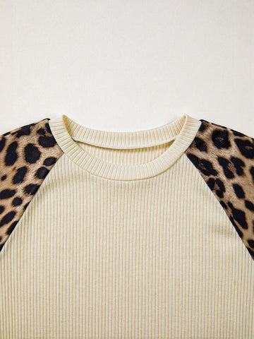 Leopard Print Ribbed Knit T Shirt