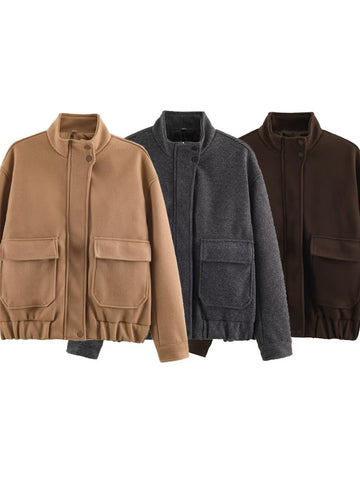 Cozy Fleece Stand Collar Utility Jacket