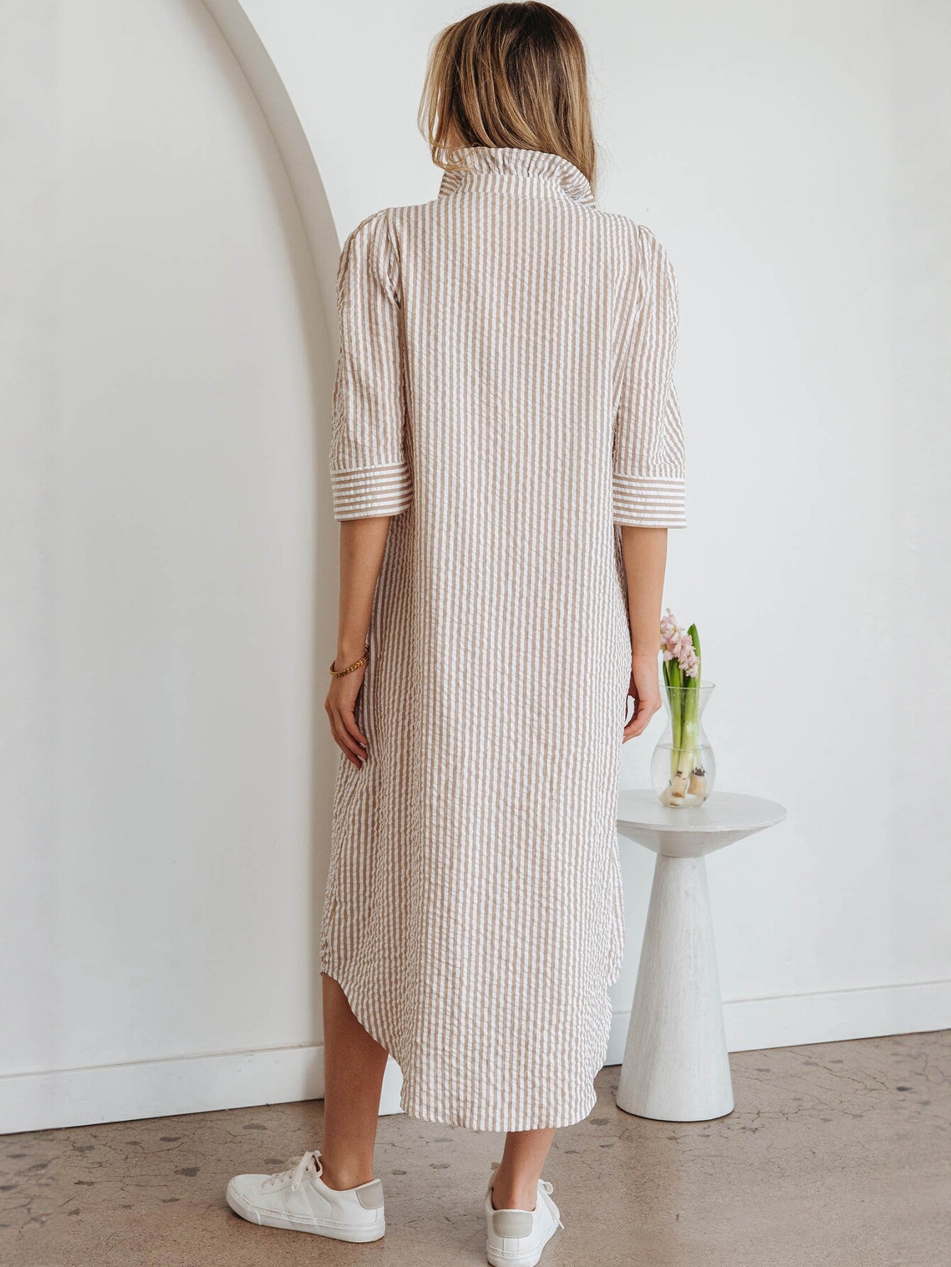 Striped Puff Sleeve Midi Dress