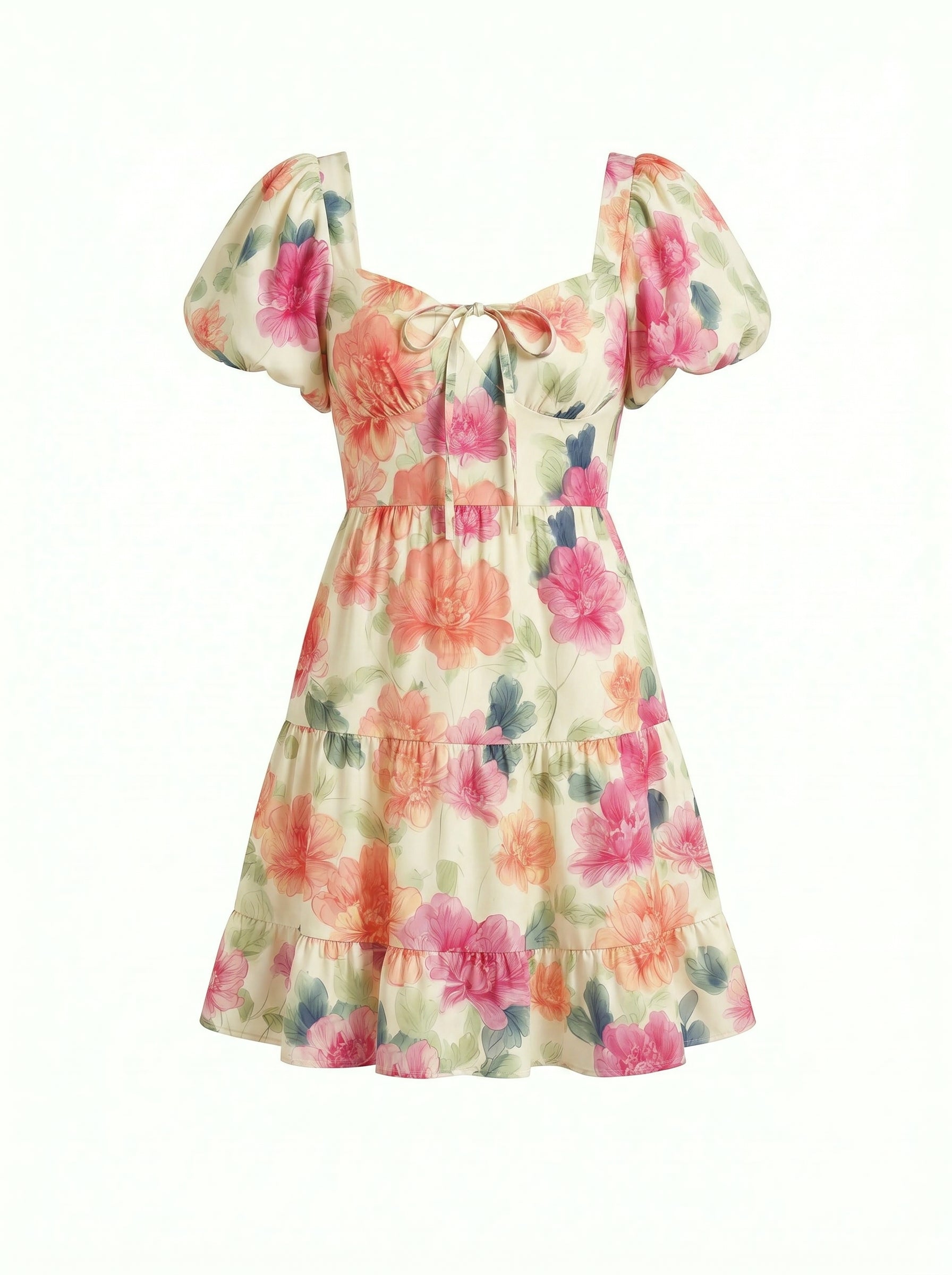 AYLA Floral Print Puff Sleeve Tiered Mini Dress