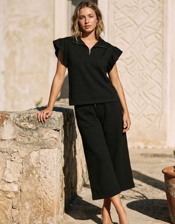 Textured Zipper Ruffle Top Pants Set