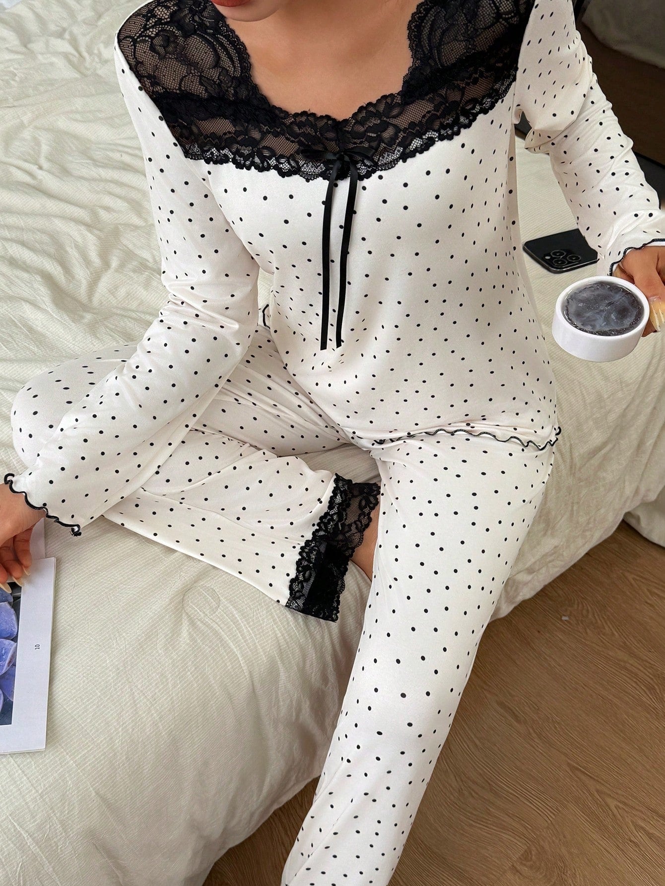 Lace Trim Polka Dot Pajama Set