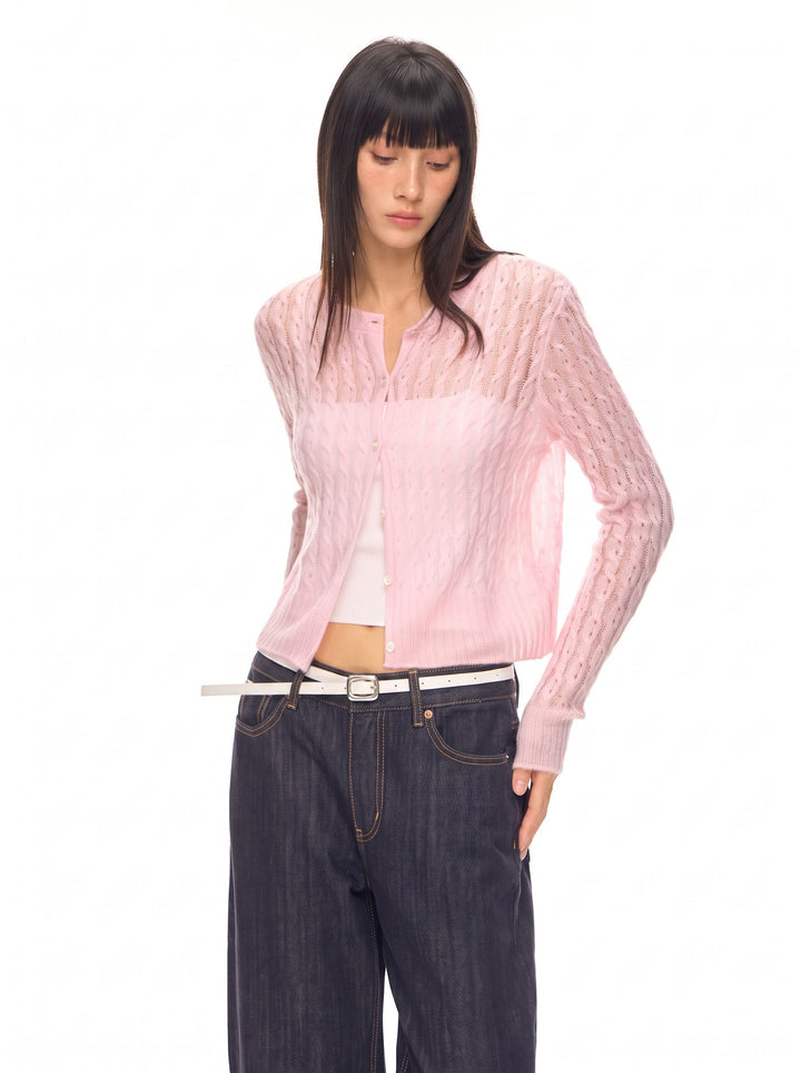 Sheer Cropped Cable Knit Cardigan