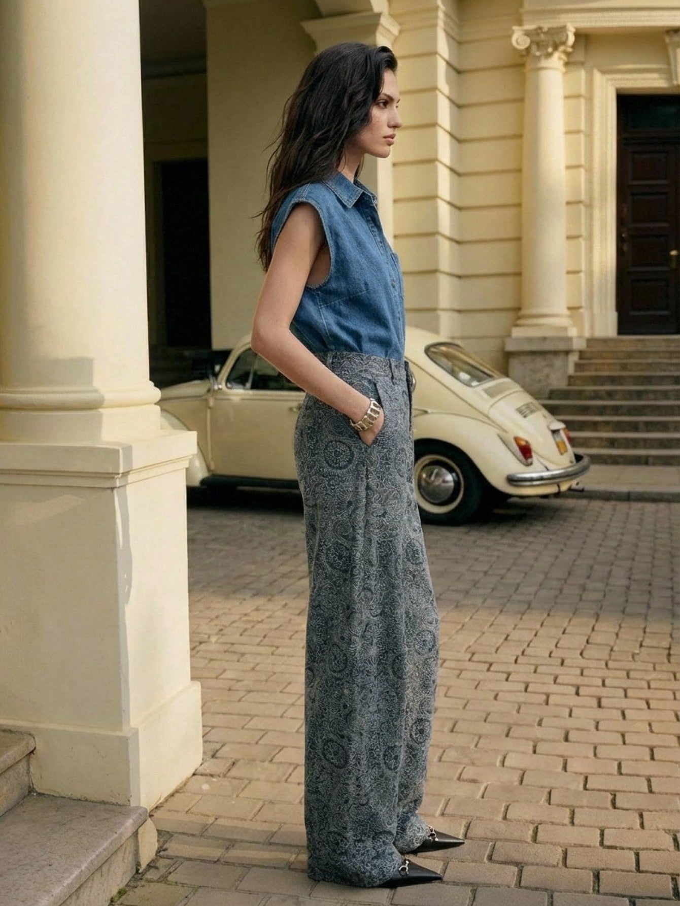 Printed High Waisted Wide Leg Jeans
