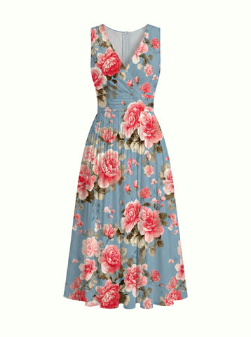 CORINNE
Floral Print V Neck A Line Midi Dress