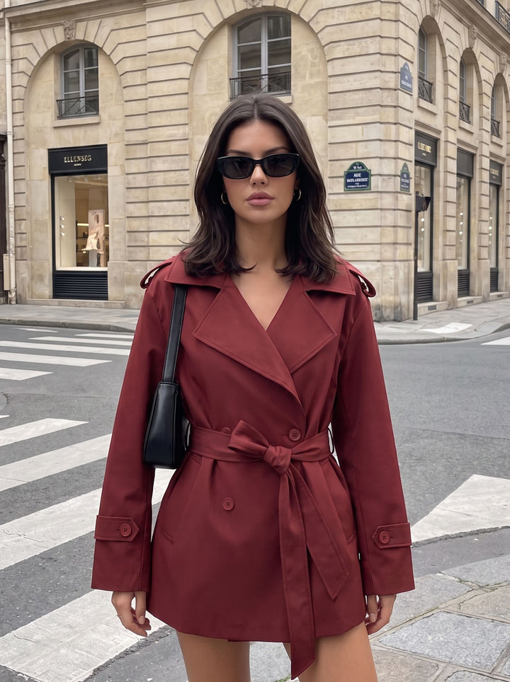 Cropped Belted Double Breasted Trench Coat