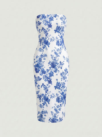 MAIA Floral Print Strapless Sheath Midi Dress
