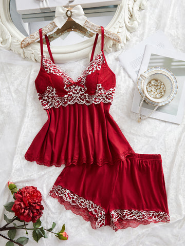 Floral Lace Trim Cami Pajama Set