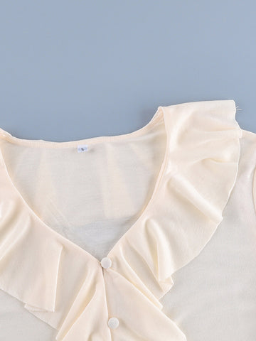 Ruffled V Neck Long Sleeve Pullover