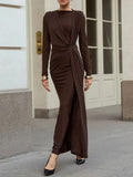 Elegant Draped Long Sleeve Maxi Dress