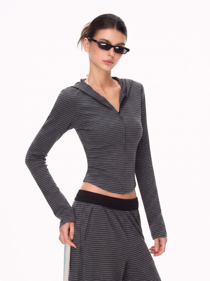 Cropped Striped Zip Up Hoodie